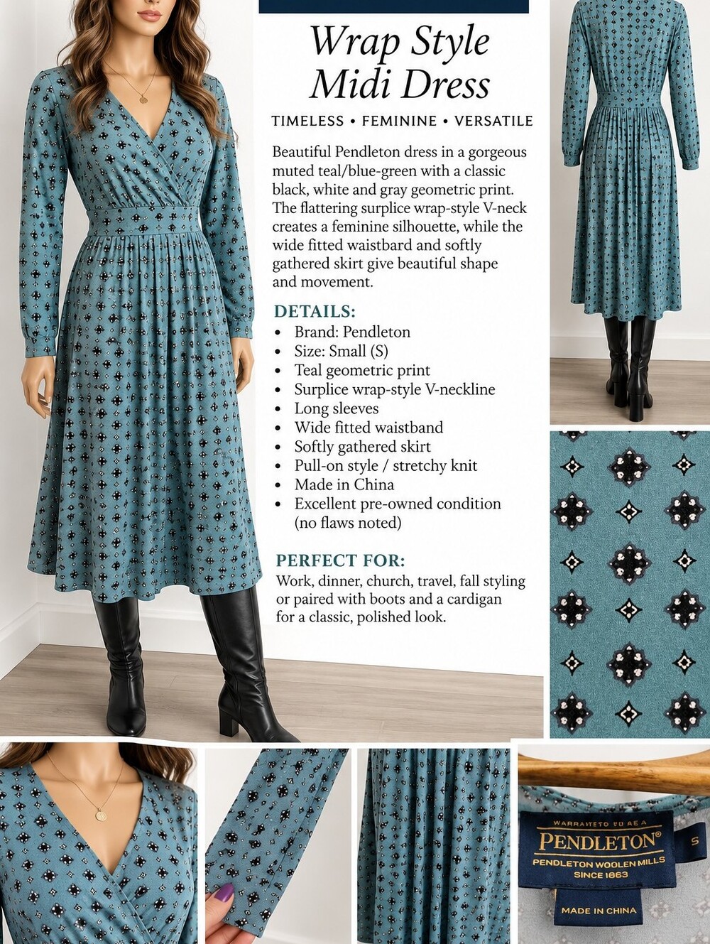 Pendleton Teal Geometric Wrap Style Long Sleeve Dress Beautiful Pendleton dress